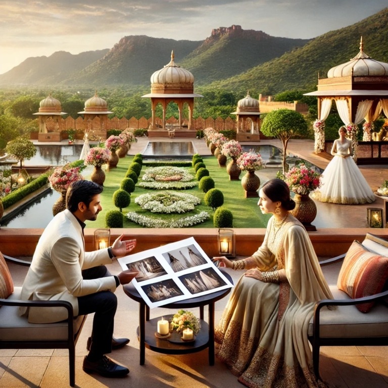 A couple meeting with a professional wedding planner in Ranthambore to discuss their dream wedding.